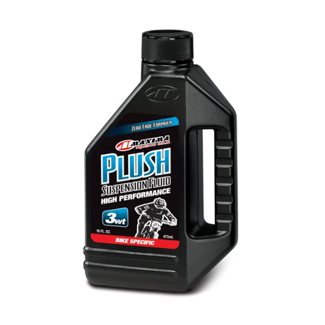 Black bottle of Maxima Plush Suspension Fluid 3WT for smooth suspension performance