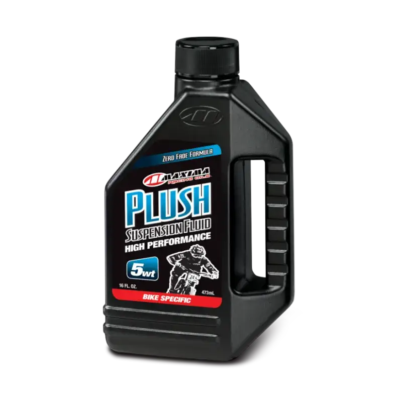 Maxima Plush Suspension Fluid 5WT - 16oz bottle with label highlighting high performance and bike-specific use.