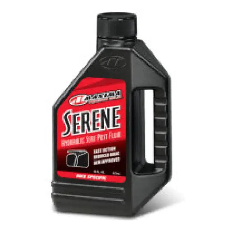 Maxima Serene Dropper Post Fluid - 16oz bottle designed for mountain biking, featuring easy application and optimal performance in a durable black container.