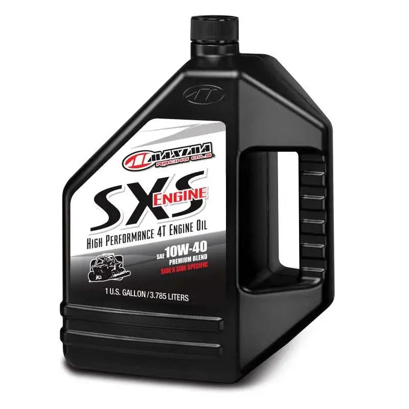 Maxima SXS Premium 10w40 - 128oz high-performance 4T engine oil in black container with label.