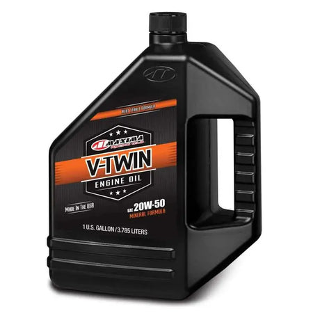 Maxima V-Twin Mineral 20w50 - 1 Liter motor oil, 1-gallon black bottle, designed for V-twin engines, offering optimal lubrication and performance.