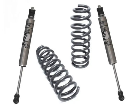 Gray shock absorbers and coil springs for MaxTrac lift kit on 2WD Eco Diesel Ram 1500