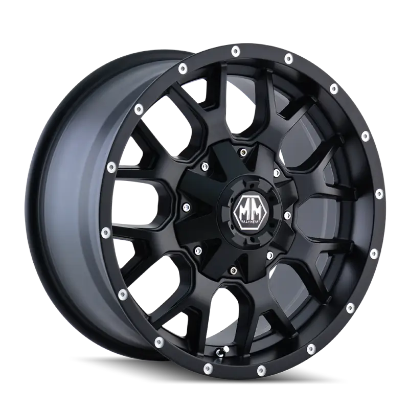 Black Mayhem Wheels matte black wheel with chrome rivets and multi-spoke design