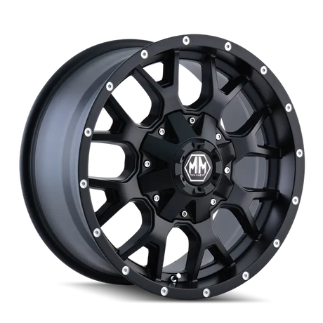 Black Mayhem Wheels matte black wheel with chrome rivets and multi-spoke design