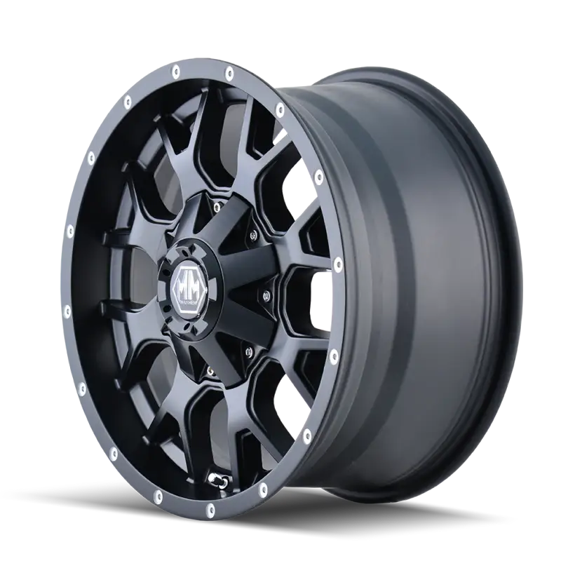 Matte black Mayhem 8015 Warrior alloy wheel with multi-spoke design and machined lip