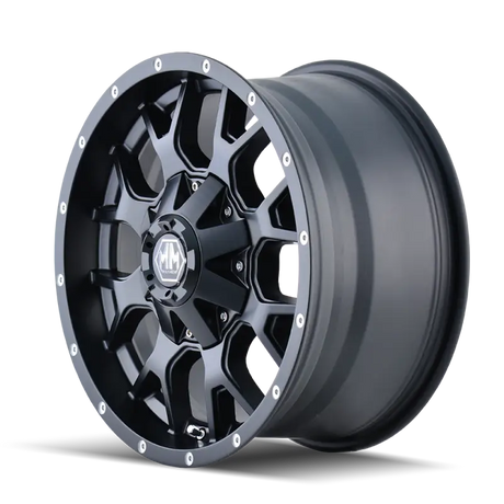 Matte black Mayhem 8015 Warrior alloy wheel with multi-spoke design and machined lip