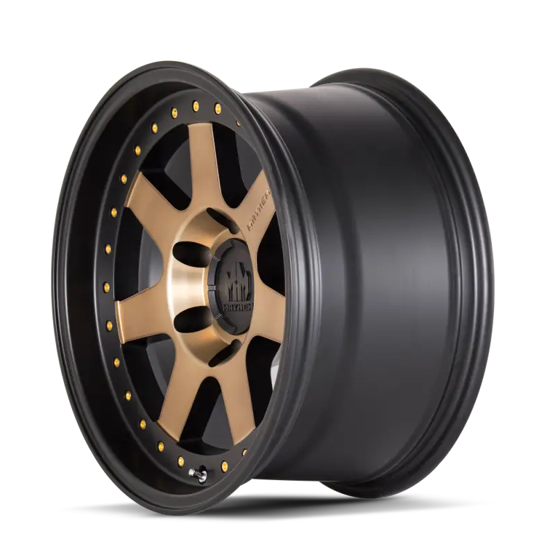 Matte black and bronze tint Mayhem 8300 Prodigy wheel with 6 spokes and gold rivets