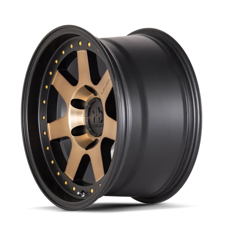 Matte black and bronze tint Mayhem 8300 Prodigy wheel with 6 spokes and gold rivets