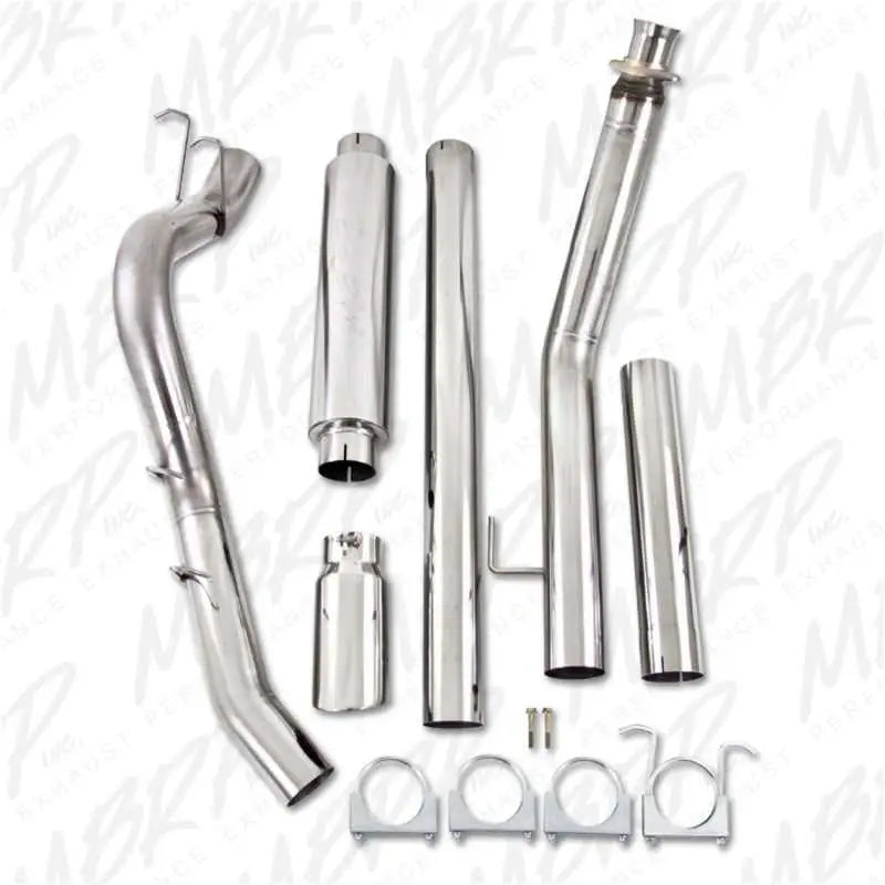 MBRP 1994-2002 Dodge 2500/3500 Cummins Turbo Back Single Side Exhaust System components including down pipe, ext. pipes, muffler, tailpipe, hardware, and 5" tip made from T409 stainless steel.