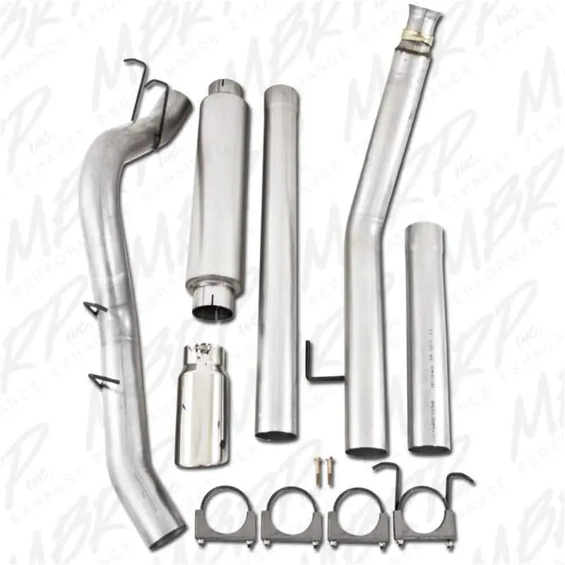 MBRP 1994-2002 Dodge 2500/3500 Cummins Turbo Back Single Side Exhaust System, 4" down pipe, 5" tip, aluminized, components and hardware displayed.