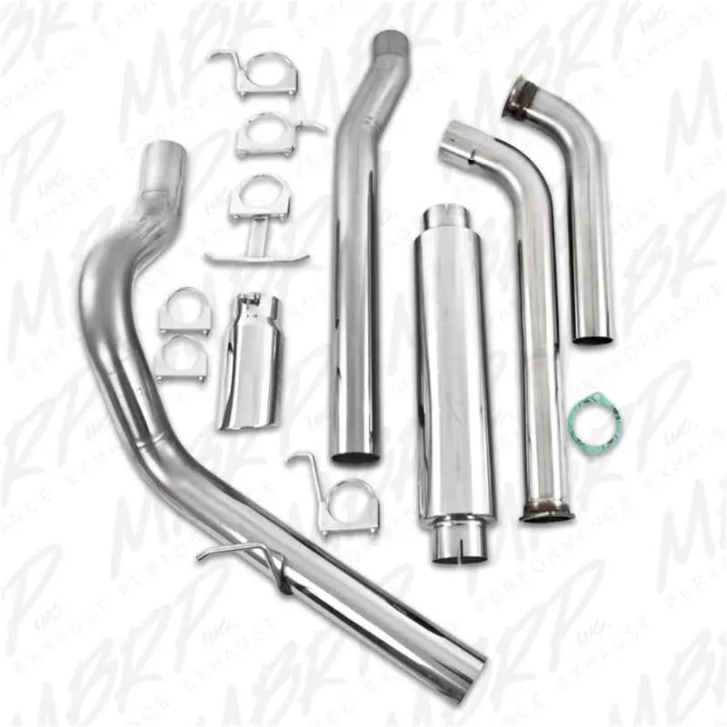 MBRP 2003-2007 Ford F-250/350 6.0L EC/CC Turbo Back Single Side Exhaust System components including downpipe, mid pipe, extension pipe, muffler, tailpipe, 5-inch tip, and mounting hardware made from T409 stainless steel.