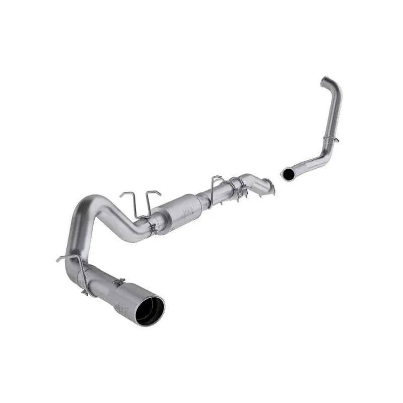MBRP 2003-2007 Ford F-250/350 6.0L EC/CC Turbo Back Single Side Exhaust System, T409 Stainless Steel, High Flow Performance, Single Side Exit, Incl. Downpipe, Mid Pipe, Ext. Pipe, Muffler, Tailpipe, Hardware, and 5" Tip.