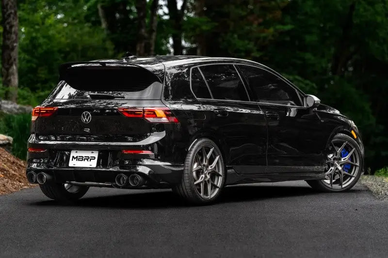 Black Volkswagen Golf R hatchback with MBRP 2022 Cat-Back Quad Split Rear Exhaust