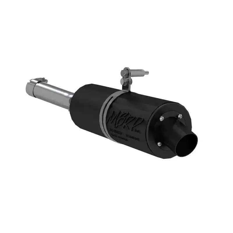Black and silver muffler with mounting hardware.
