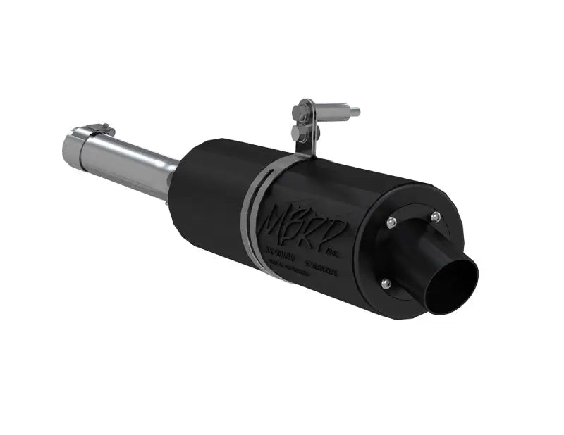 Black and silver muffler with mounting hardware.