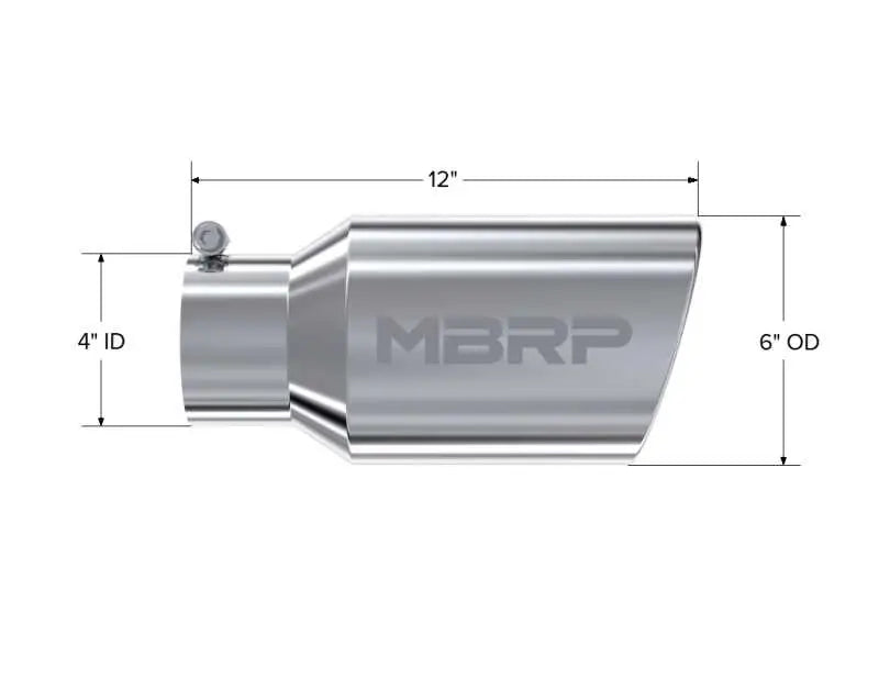 MBRP Universal Tip 6 O.D. Angled Rolled End 4 Inlet 12 Length Mirror Polished T304 Stainless Steel
