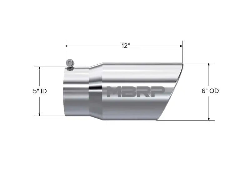 MBRP Universal Tip 6" O.D. Angled Rolled End, 5" Inlet, 12" Length, Mirror Polished T304 Stainless Steel, Clampless No-Weld Install, RV, Automotive, Powersports, Off-road, Marine, Exterior, Truck Accessories.