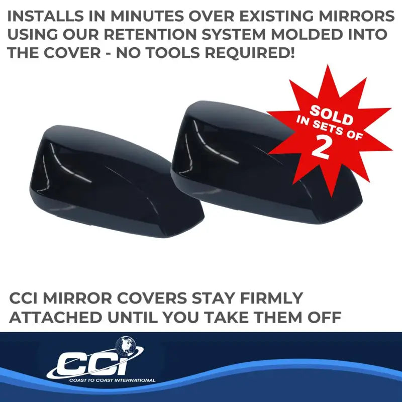CCI Coast2Coast MC67522RBK Gloss Black Half Top Replacement for 2016-2023 Tacoma, durable, sleek fit, set of two mirror covers, installs easily over existing mirrors.