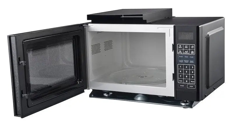 Open black microwave oven MCG992ARB Forest River with 0.9 cu ft capacity