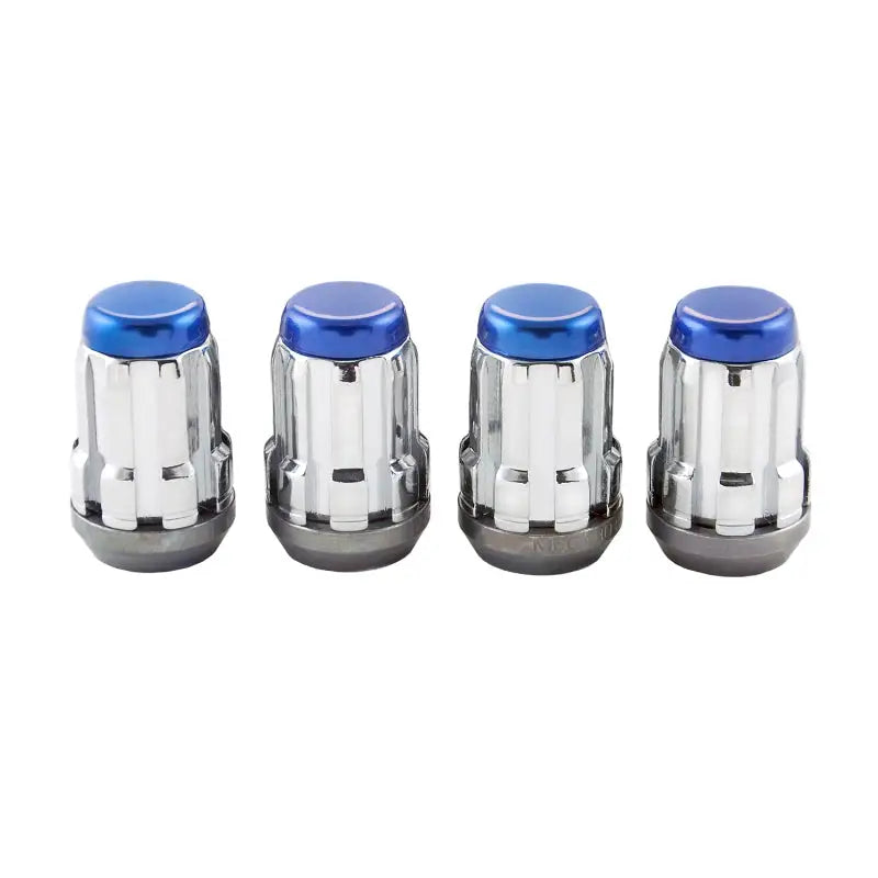 Four blue and chrome McGard SplineDrive lug nuts for secure wheel fitting