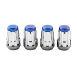 Four blue and chrome McGard SplineDrive lug nuts for secure wheel fitting