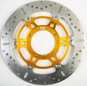 Silver and gold MD1171X standard brake rotor with drilled holes and slotted vents