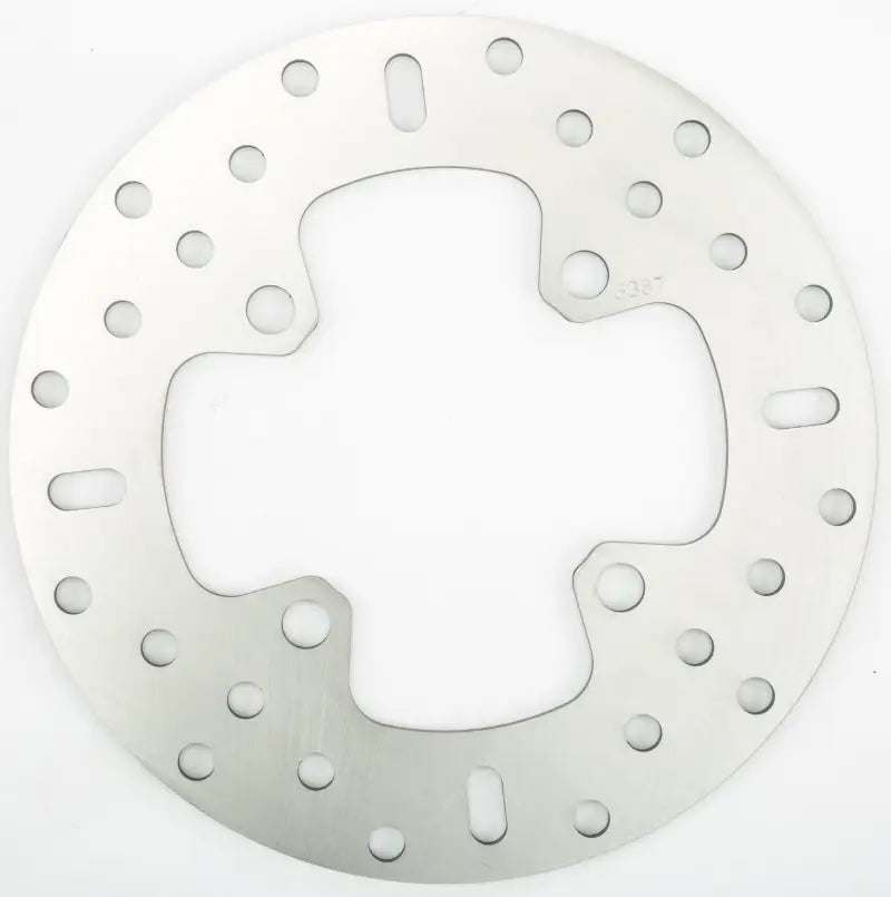 Silver MD6387D standard rotor motorcycle brake disc with four-lobed cutout and holes