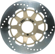 Silver and gold motorcycle brake rotor with drilled holes for standard brake rotor upgrade