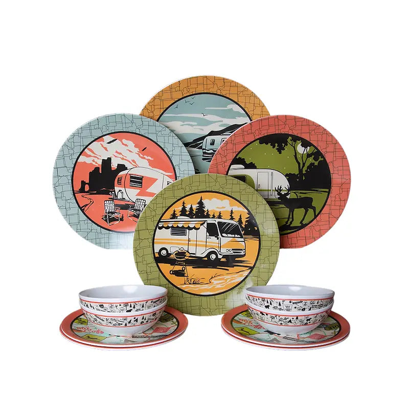 Camp Casual Dinnerware: Melamine Plates & Bowls Set - 12-Piece Dish Set for Indoor & Outdoor Dining - BPA Free, Top Shelf Dishwasher Suitable Dinnerware Set - Sturdy Melamine Dinnerware Sets - Camping Dishes by Camp Casual
