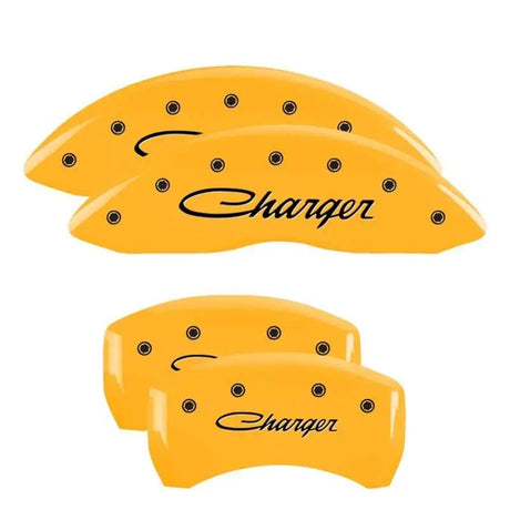 MGP 4 Caliper Covers Engraved Front & Rear 05-10 Dodge Charger R/T Yellow Finish Black Cursive Logo 