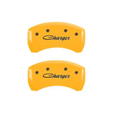 MGP 4 Caliper Covers Engraved Front & Rear 05-10 Dodge Charger R/T Yellow Finish Black Cursive Logo 