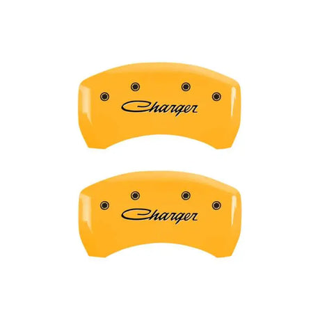 MGP 4 Caliper Covers Engraved Front & Rear 05-10 Dodge Charger R/T Yellow Finish Black Cursive Logo 
