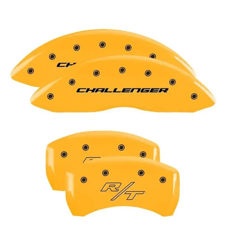 MGP 4 Caliper Covers Engraved Front & Rear 05-10 Dodge Charger R/T Yellow Finish Black Cursive Logo 