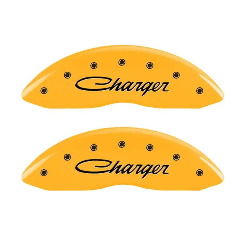 MGP MGP 4 Caliper Covers Engraved Front & Rear 05-10 Dodge Charger R/T Yellow Finish Black Cursive Logo
