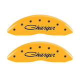 MGP MGP 4 Caliper Covers Engraved Front & Rear 05-10 Dodge Charger R/T Yellow Finish Black Cursive Logo