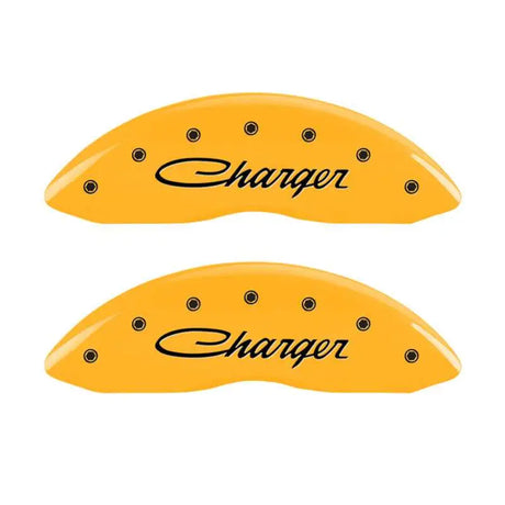 MGP MGP 4 Caliper Covers Engraved Front & Rear 05-10 Dodge Charger R/T Yellow Finish Black Cursive Logo