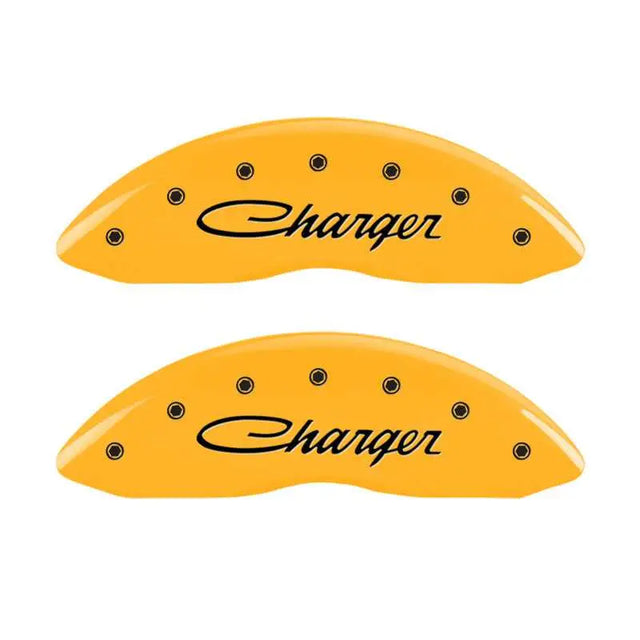 MGP MGP 4 Caliper Covers Engraved Front & Rear 05-10 Dodge Charger R/T Yellow Finish Black Cursive Logo