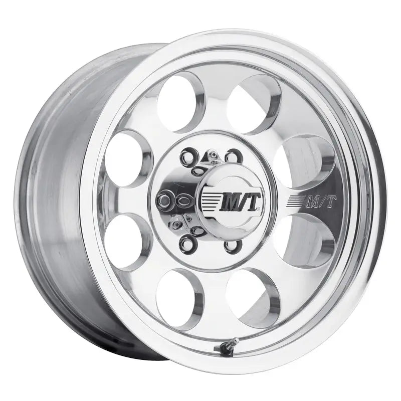Polished aluminum Mickey Thompson Classic III wheel with circular cutouts for style