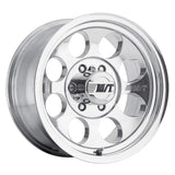 Polished aluminum Mickey Thompson Classic III wheel with circular cutouts for style