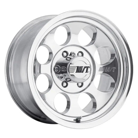 Polished aluminum Mickey Thompson Classic III wheel with circular cutouts for style