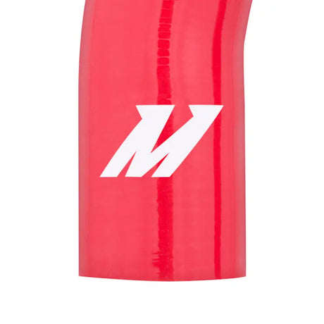 Red silicone coolant hose with white Mishimoto logo from Ford 7.3L Powerstroke hose kit