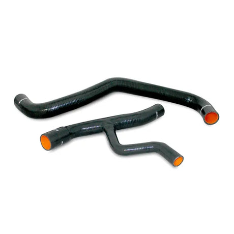 Black silicone coolant hoses from the Mishimoto Ford Mustang hose kit for improved performance