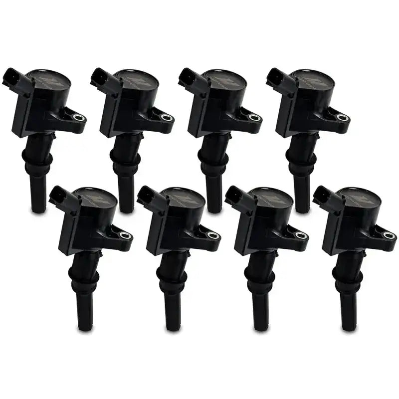 Eight black ignition coils in Mishimoto Ford F150 eight cylinder coil set