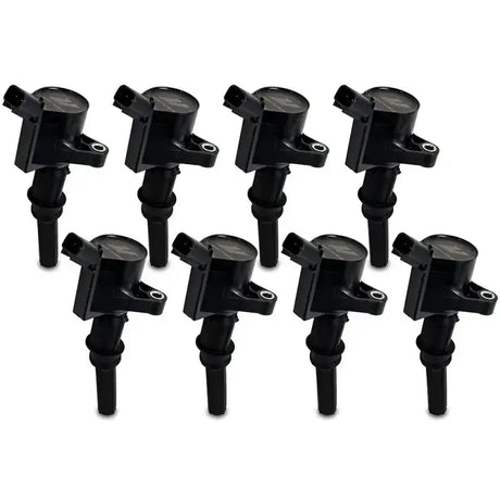 Eight black ignition coils in Mishimoto Ford F150 eight cylinder coil set