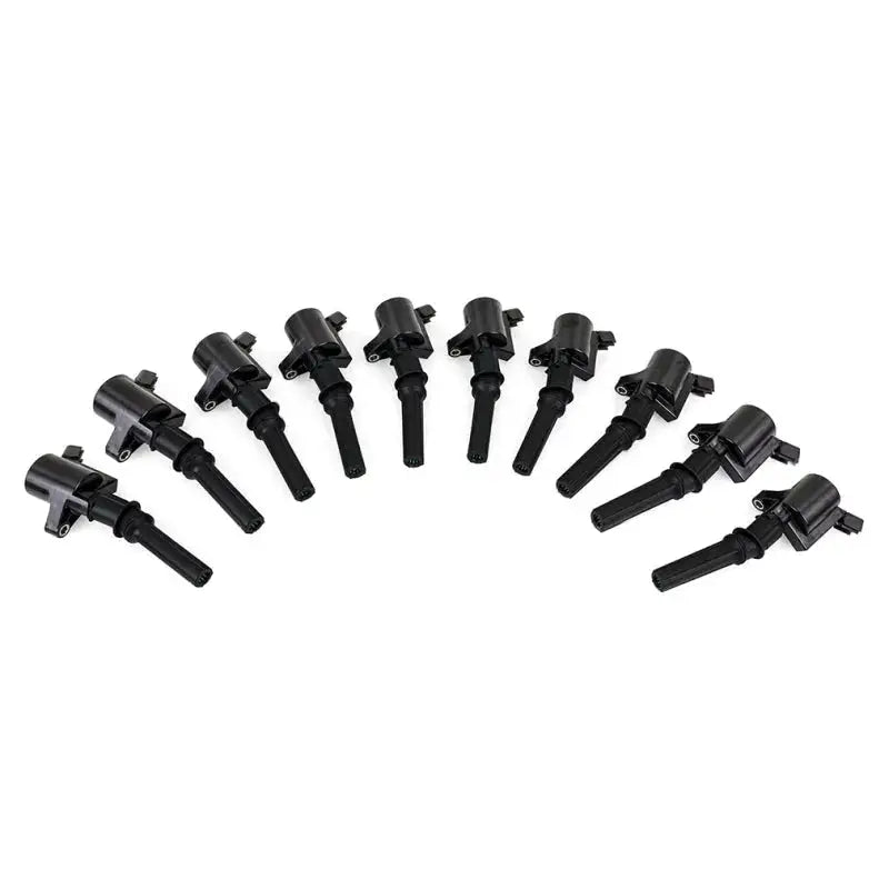 Black cylinder ignition coil set for Ford F250, arranged in a semi-circle
