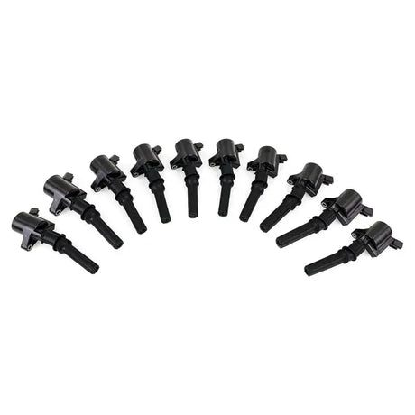 Black cylinder ignition coil set for Ford F250, arranged in a semi-circle