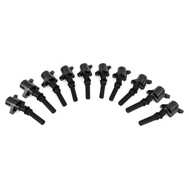 Black cylinder ignition coil set for Ford F250, arranged in a semi-circle