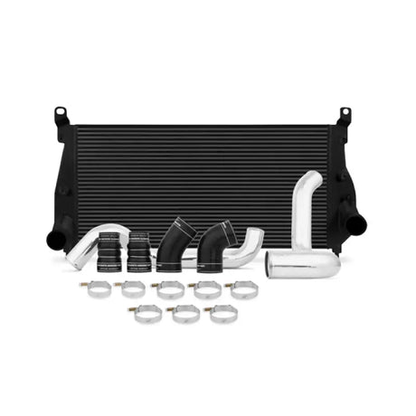 Black Mishimoto duramax intercooler kit with silver black piping and hose clamps