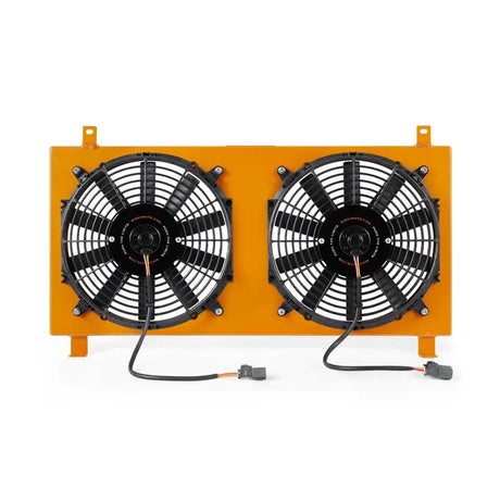 Dual electric radiator fans with orange frame on Mishimoto Acura RSX aluminum fan shroud