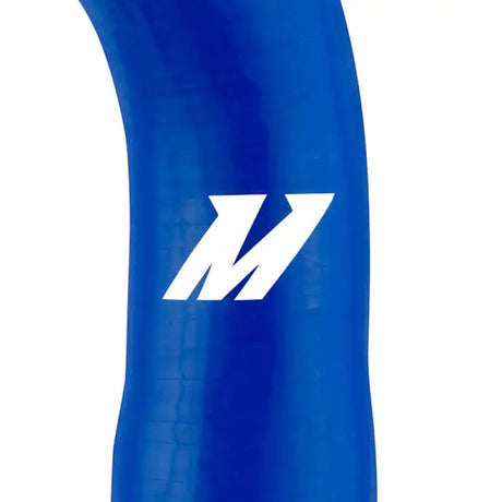 Blue silicone hose with white logo from Mishimoto Mini Cooper S hose kit